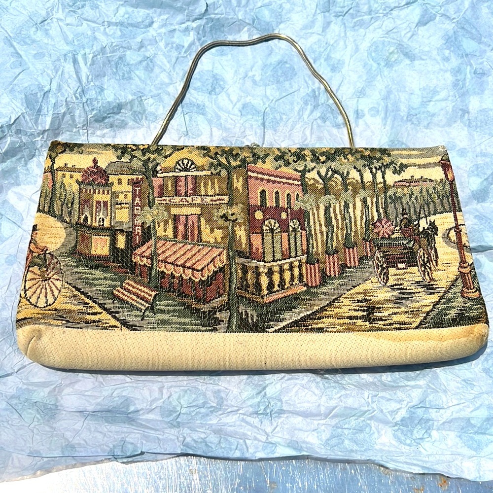 Vintage horse and buggy cafe themed embroidered clutch purse